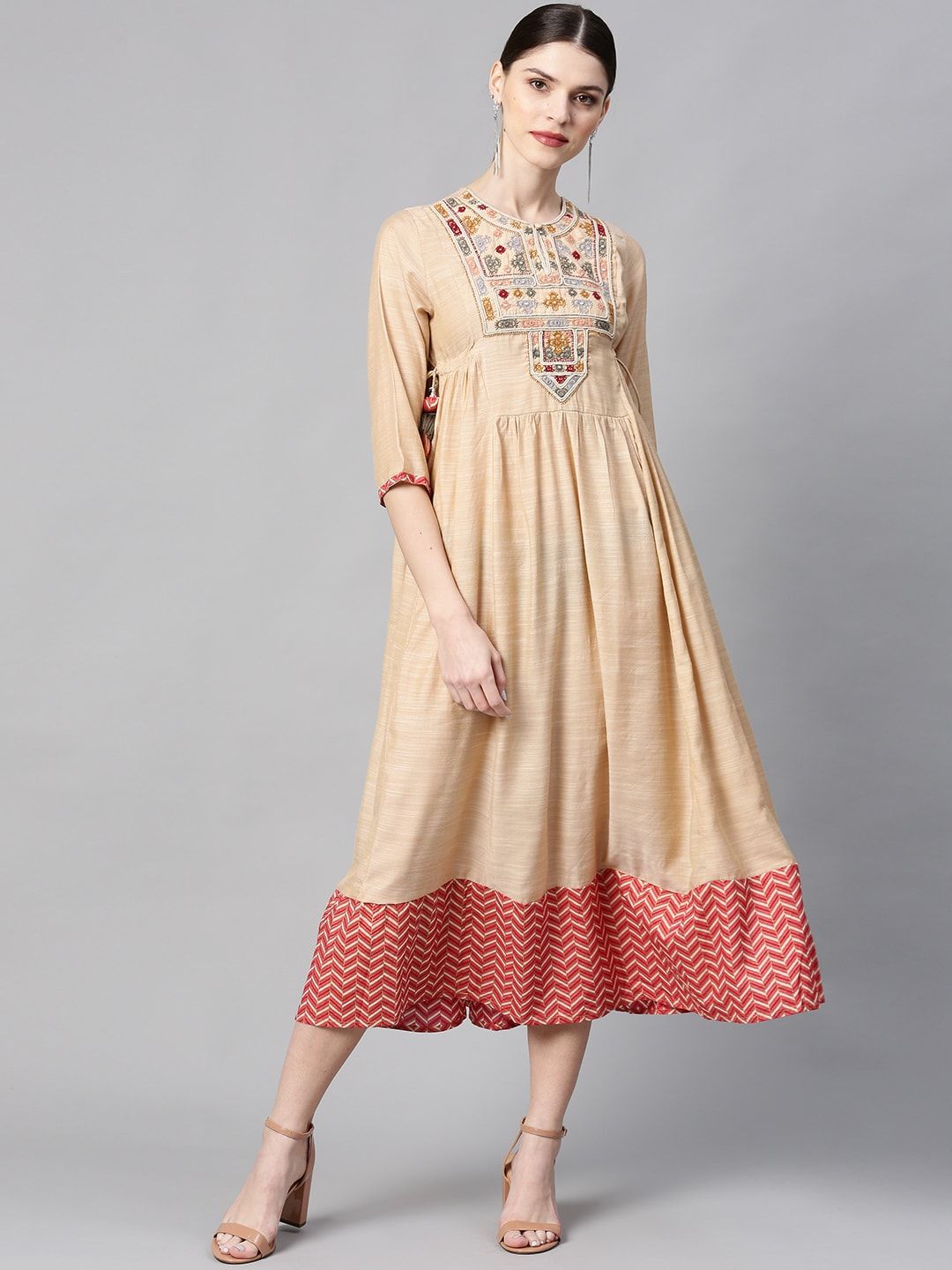 Juniper Women Beige & Pink Embroidered Midi Dress