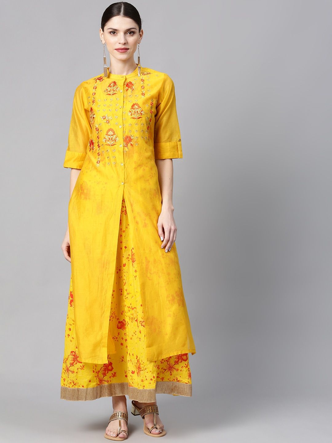 Juniper Women Mustard Yellow & Rust Red Embroidered Maxi Layered Dress Price in India
