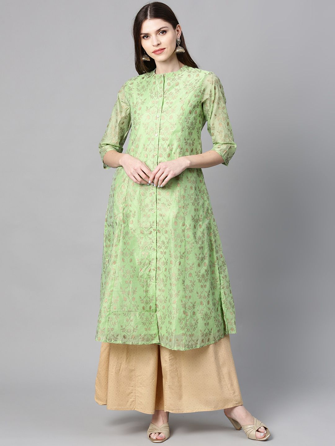 Juniper Women Green & Golden Foil Print A-Line Kurta Price in India