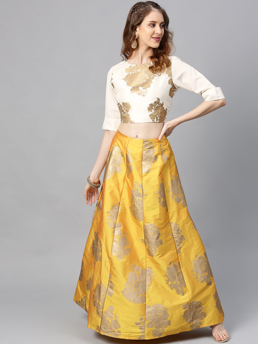 Juniper Mustard Yellow & Golden Foil Print Ready to Wear Lehenga with Blouse Price in India