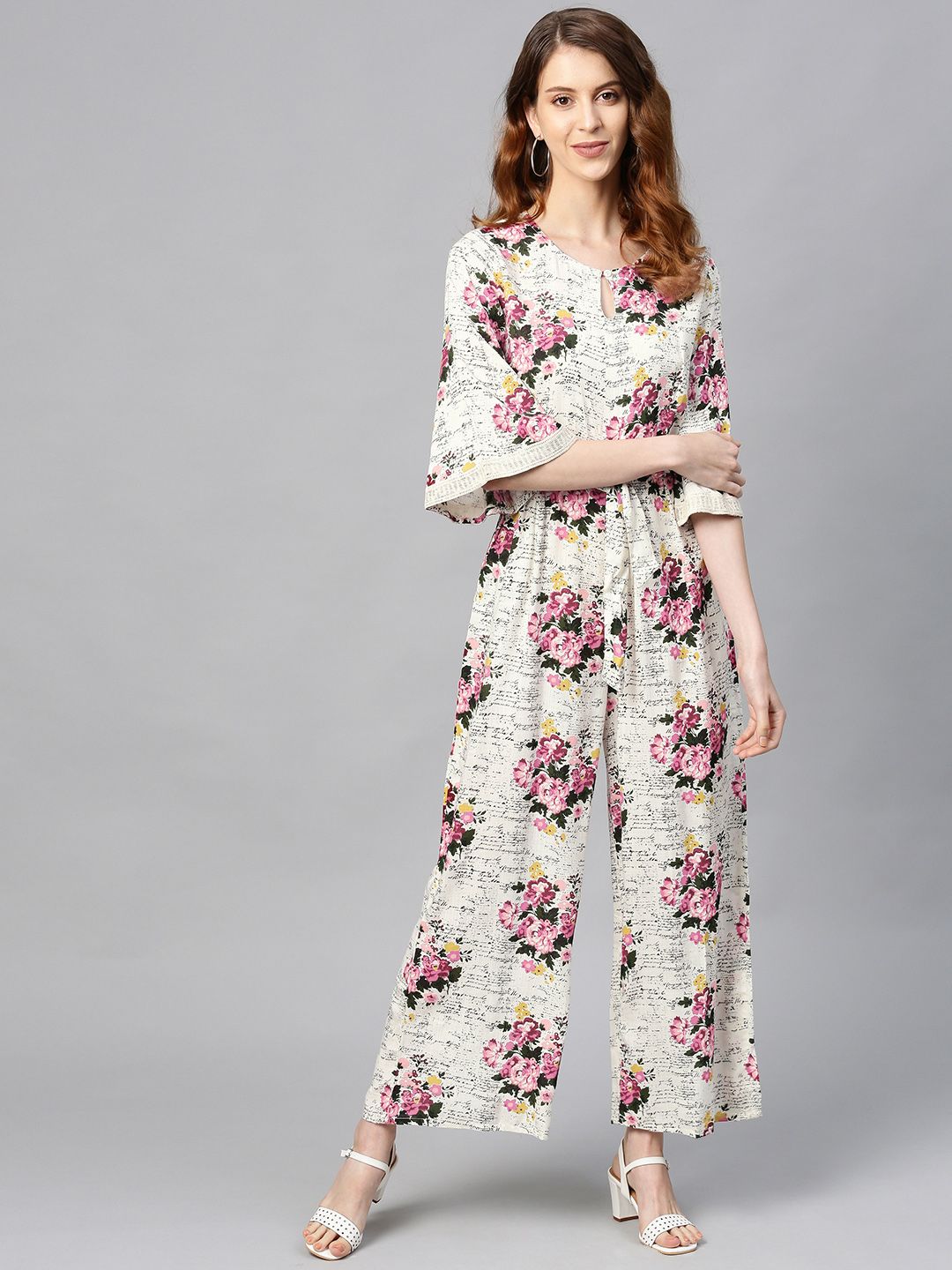 Juniper Women Off-White & Pink Floral Print Basic Jumpsuit Price in India