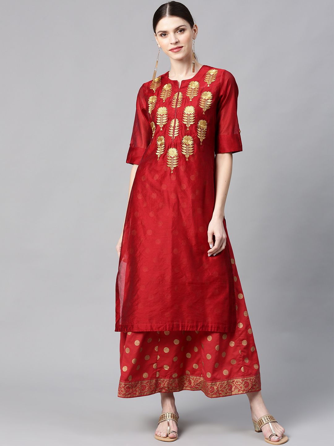 Juniper Women Maroon & Golden Embroidered Layered Maxi Dress Price in India