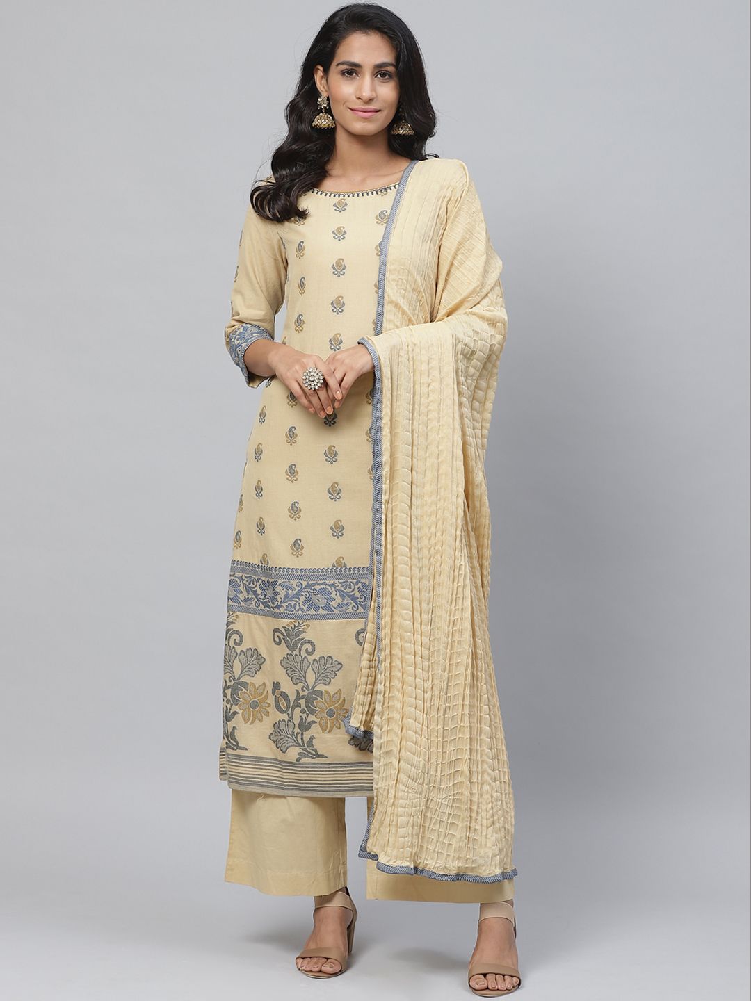 Biba Women Beige & Blue Ethnic Woven Design Kurta with Palazzos & Dupatta