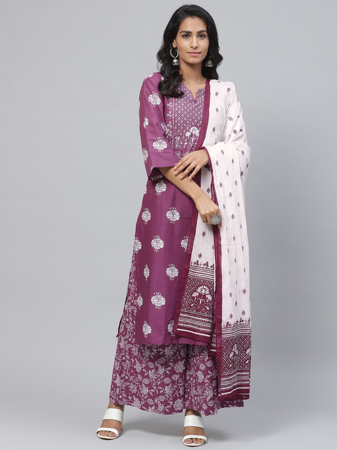 Biba Women Purple & White Printed Kurta with Palazzos & Dupatta