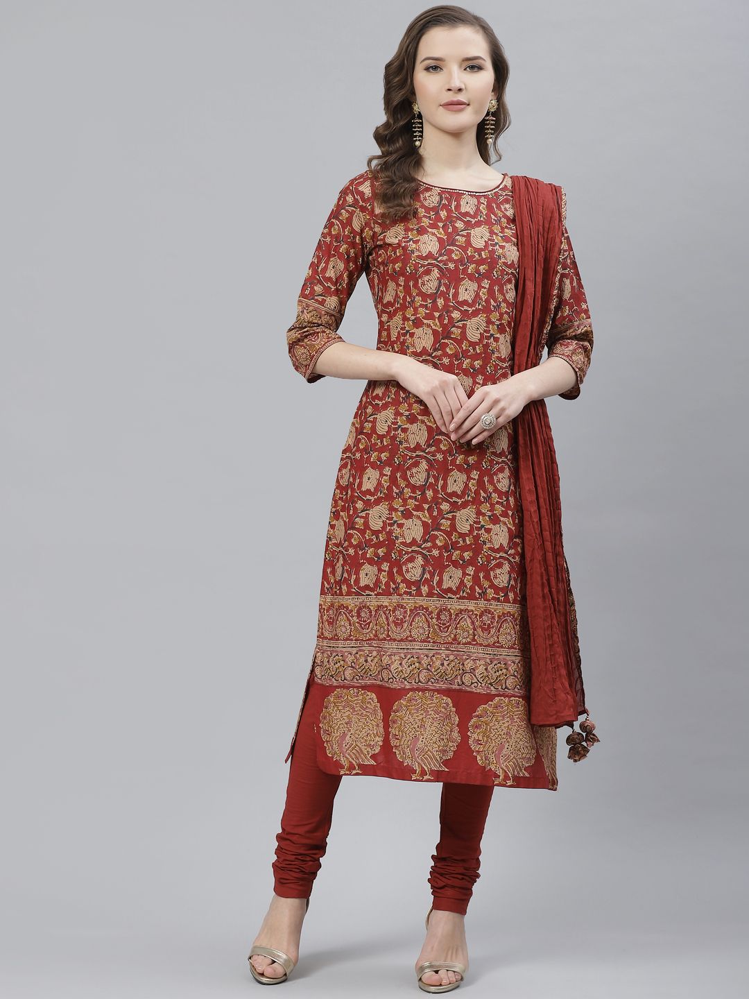 Biba Women Rust Red & Beige Kalamkari Print Kurta with Churidar & Dupatta