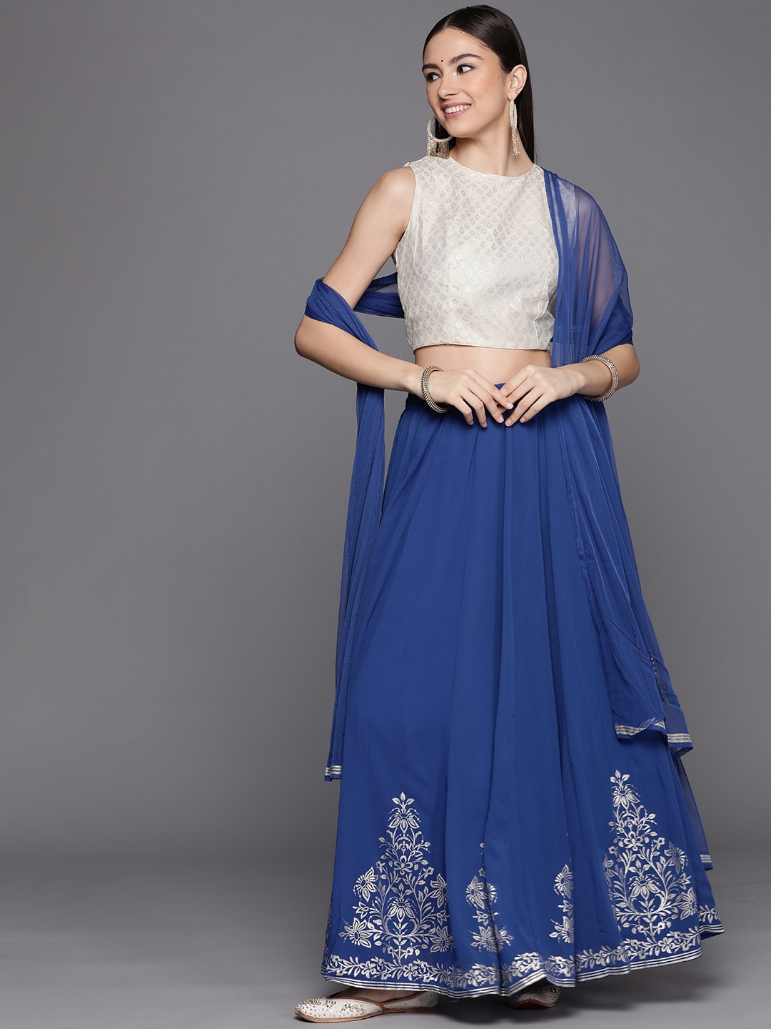 Biba Blue & White Ready to Wear Lehenga & Blouse With Dupatta Price in India