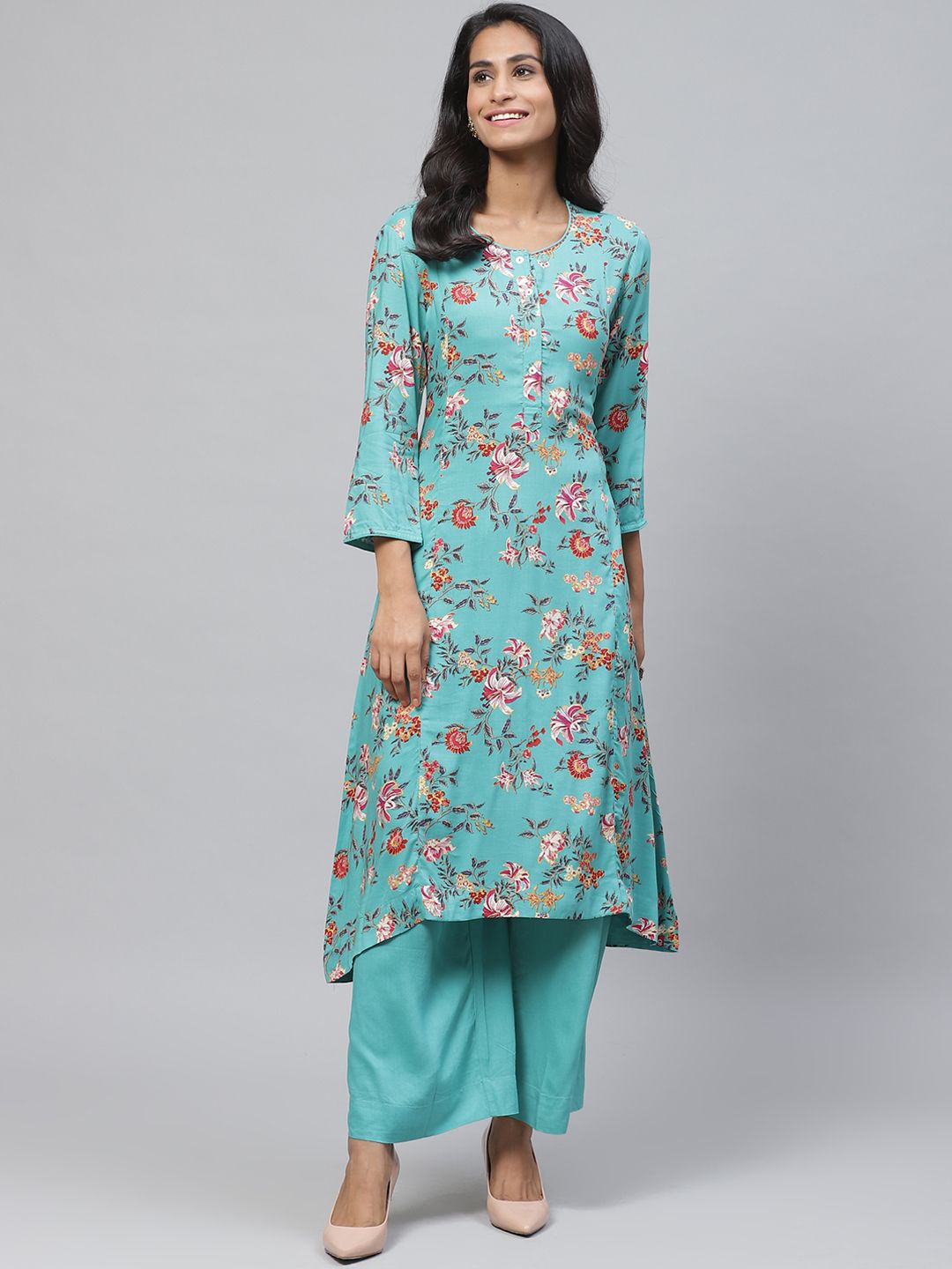 Biba Women Turquoise Blue & Pink Floral Printed Kurta with Palazzos