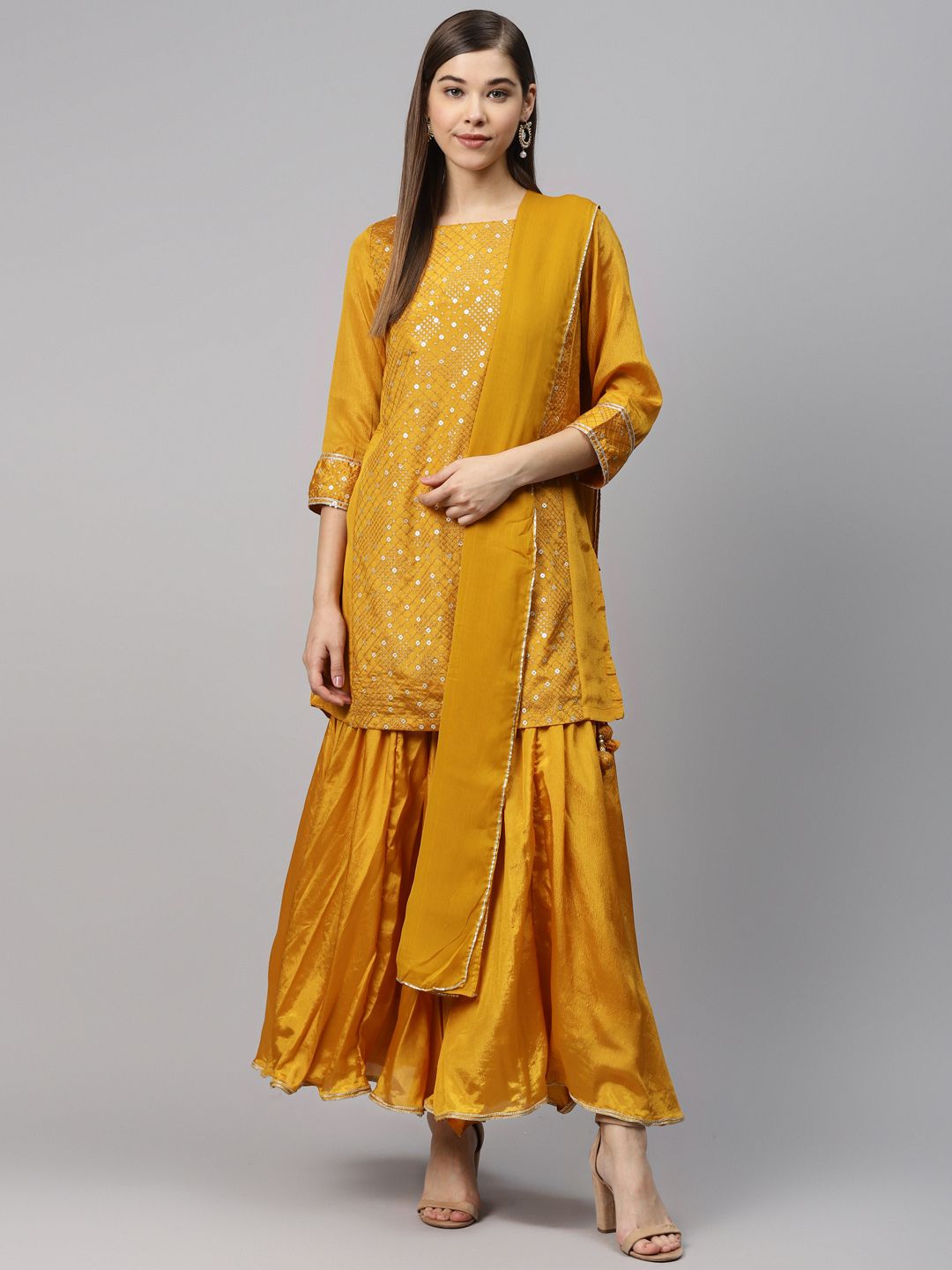 Biba Women Mustard Yellow Embroidered Kurta with Sharara & Dupatta