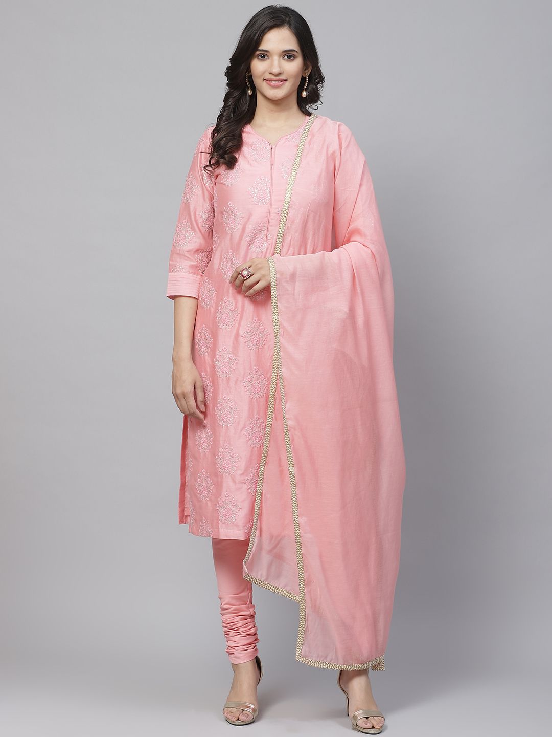 Biba Women Pink & Silver Embroidered Kurta with Churidar & Dupatta