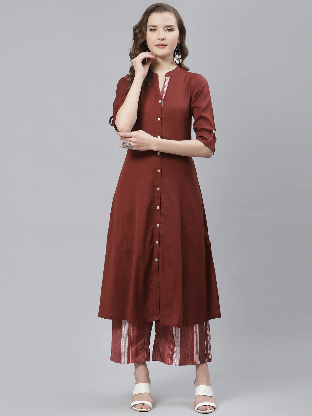 Biba Women Brown & Off-White Solid Kurta with Palazzos