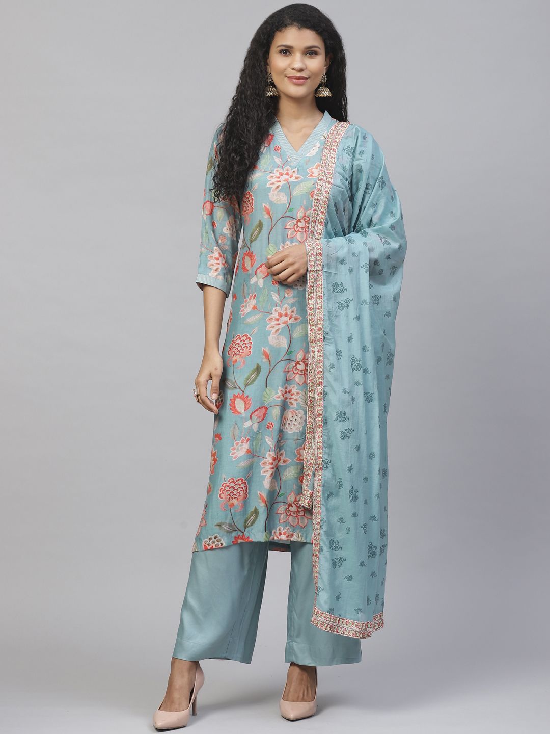 Biba Women Teal Blue & Coral Pink Printed Kurta with Palazzos & Dupatta