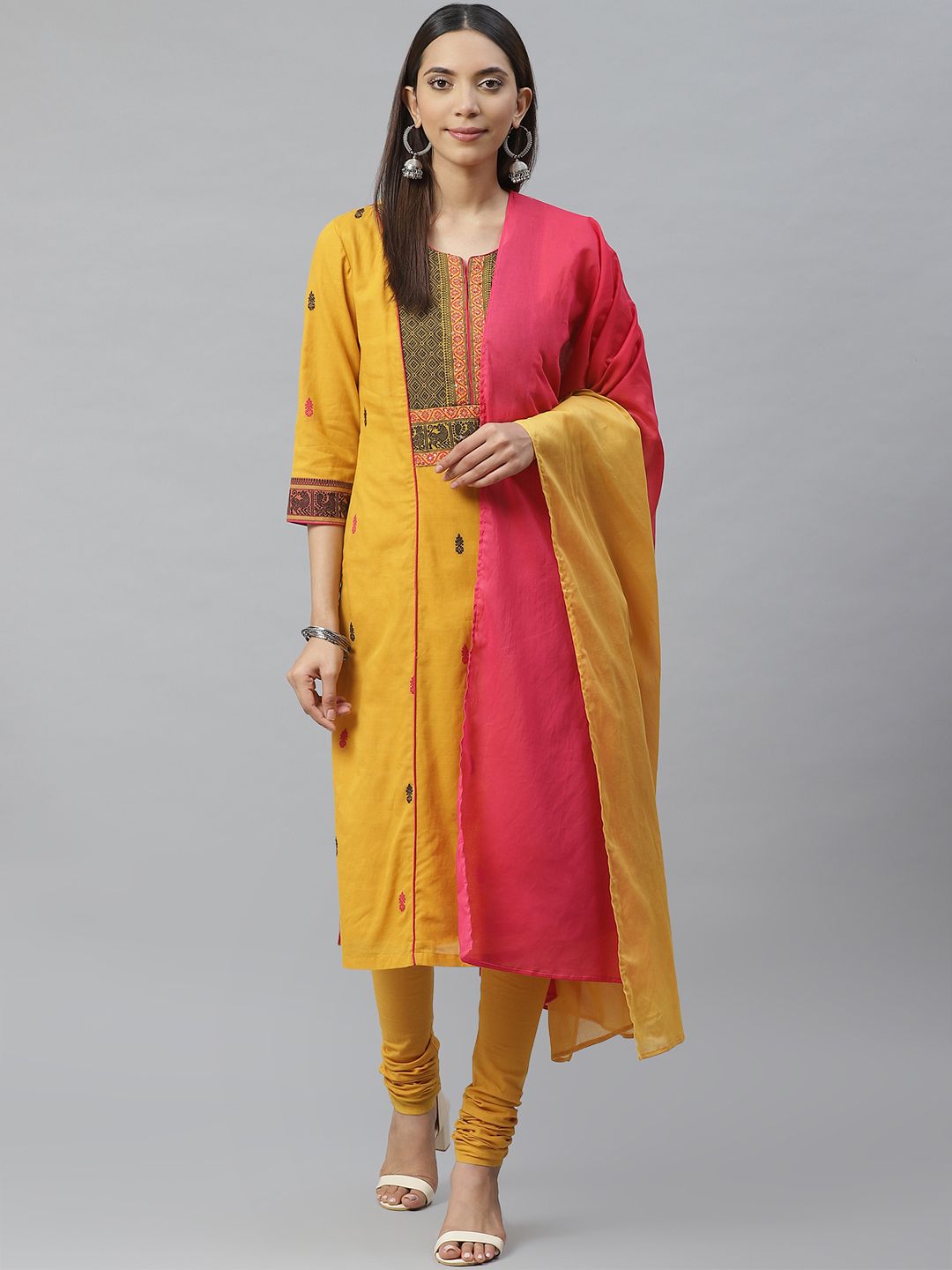 Biba Women Yellow & Pink Ethnic Motifs Self Design Kurta with Churidar & Dupatta