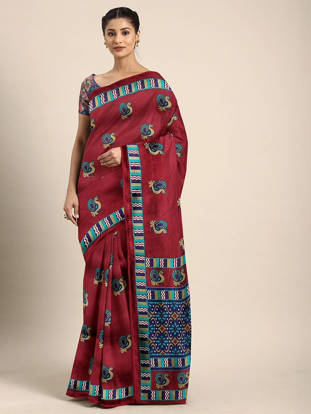 KALINI Red & Blue Art Silk Printed Mysore Silk Saree