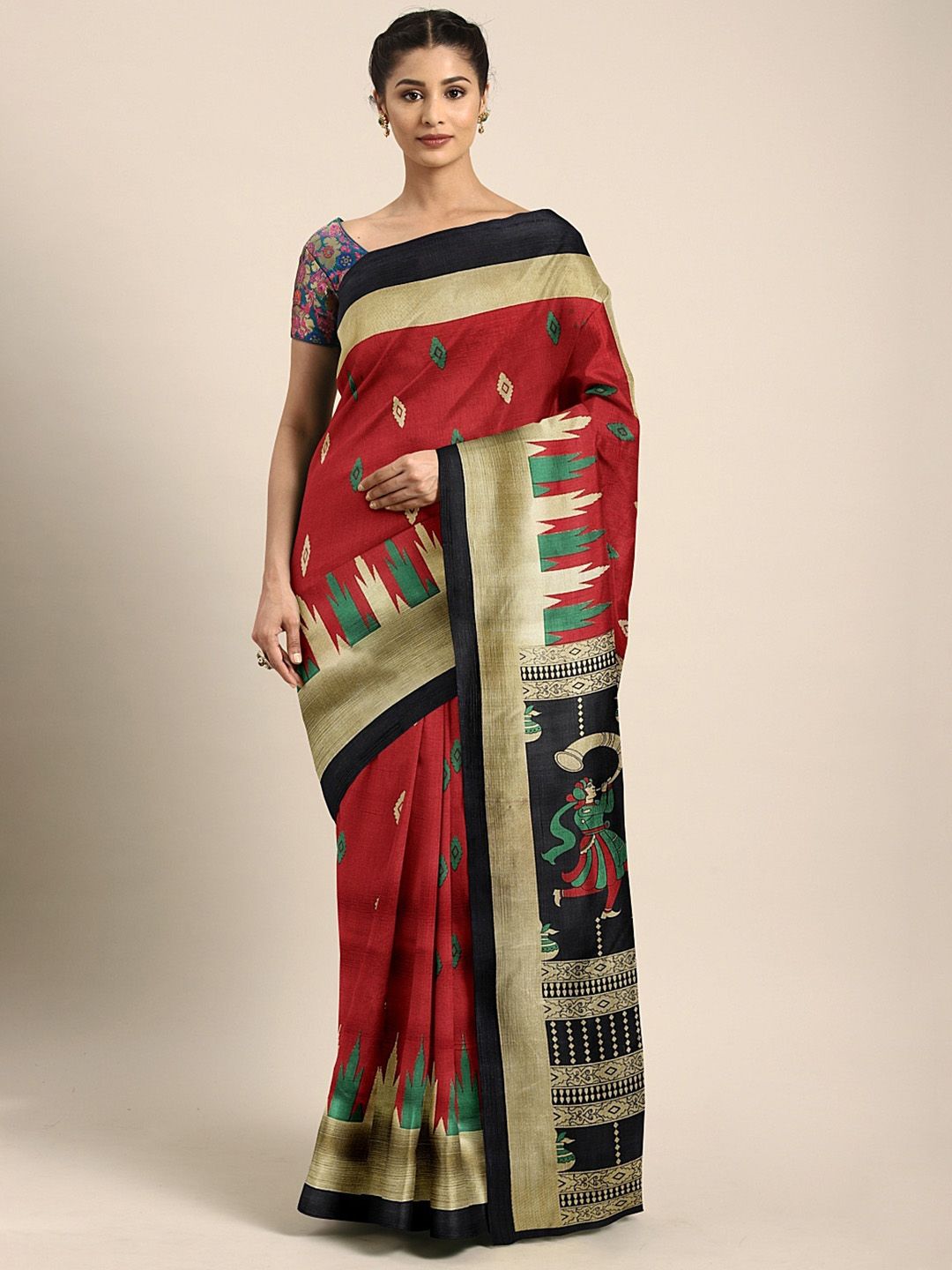 KALINI Red & Black Art Silk Printed Mysore Silk Saree