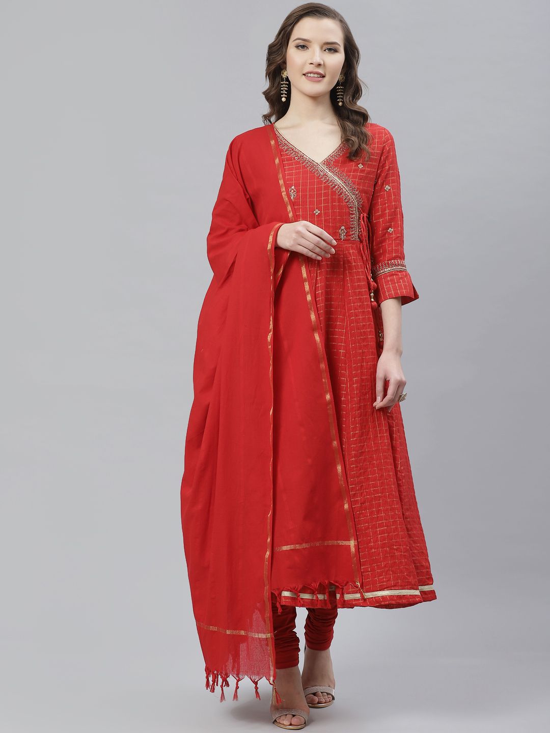 Biba Women Red & Golden Embroidered Check Anarkali Angrakha Kurta with Churidar & Dupatta