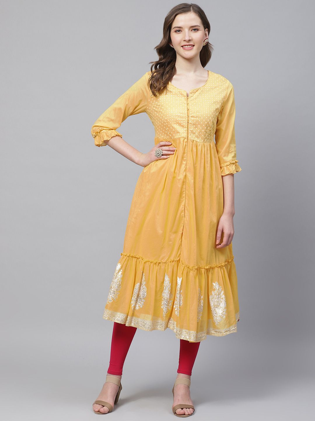 Biba Women Yellow & Silver Yoke Design A-Line Layered Kurta Price in India