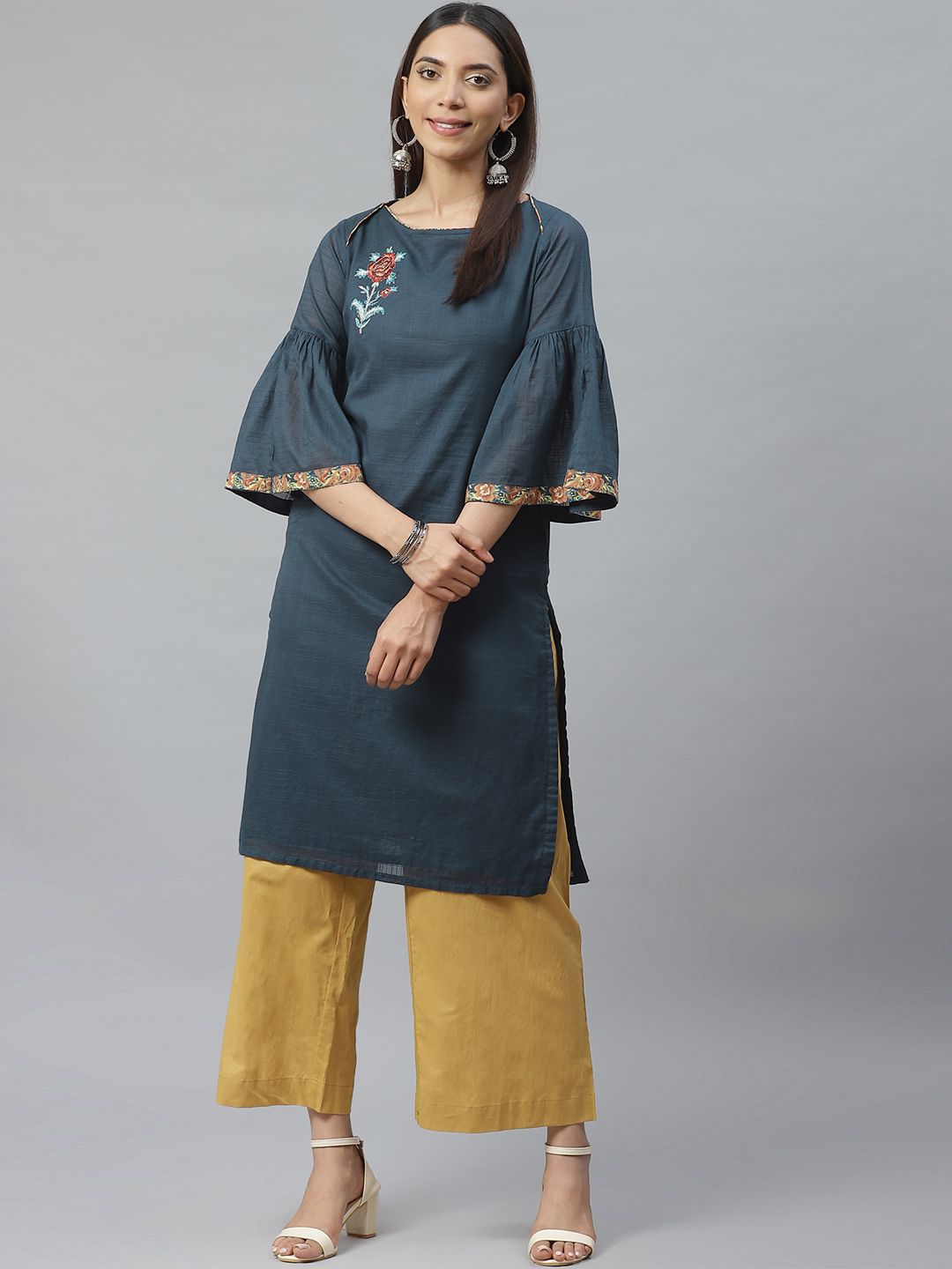 Biba Women Navy Blue Solid Straight Kurta With Embroidered Detail Price in India