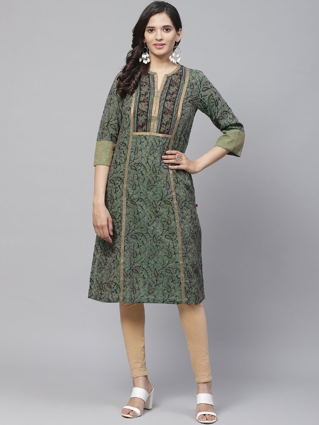 Biba Women Olive Green & Black Printed Straight  Kurta