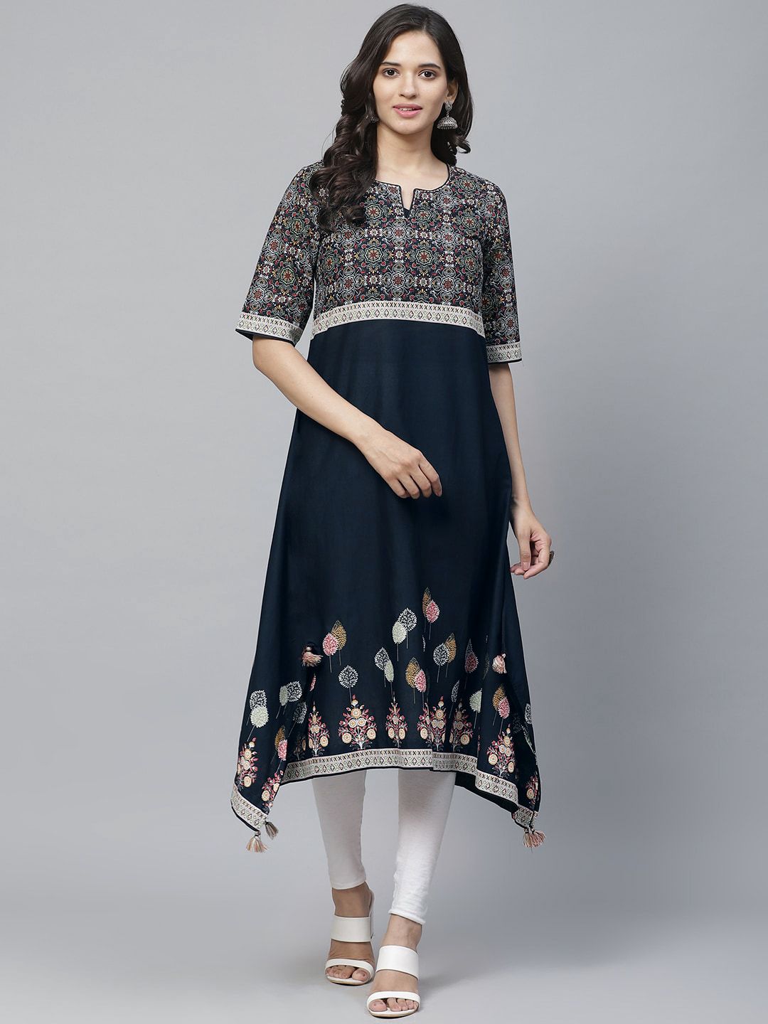 Biba Women Navy Blue & Off-White Printed Asymmetric A-Line Kurta
