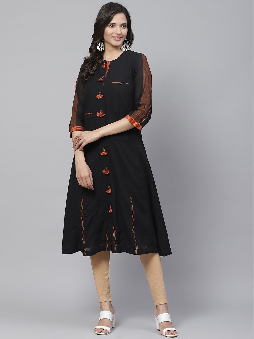 Biba Women Black & Rust Orange Solid A-Line Kurta