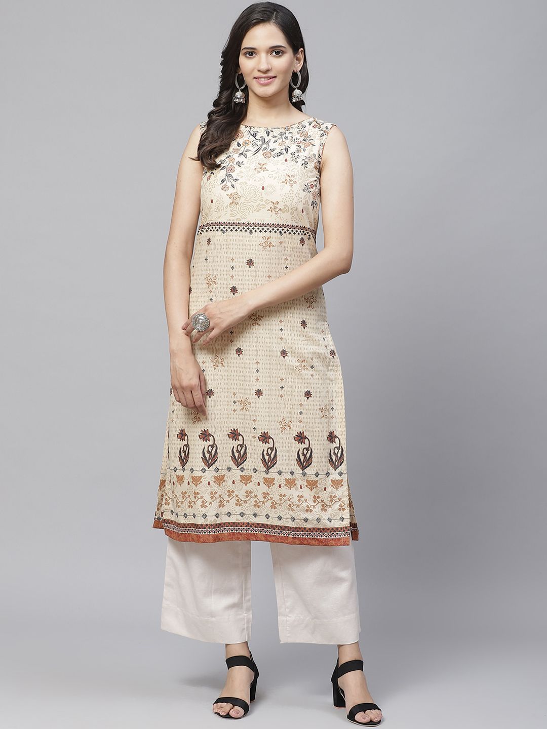 Biba Women Cream-Coloured & Brown Printed Straight Kurta