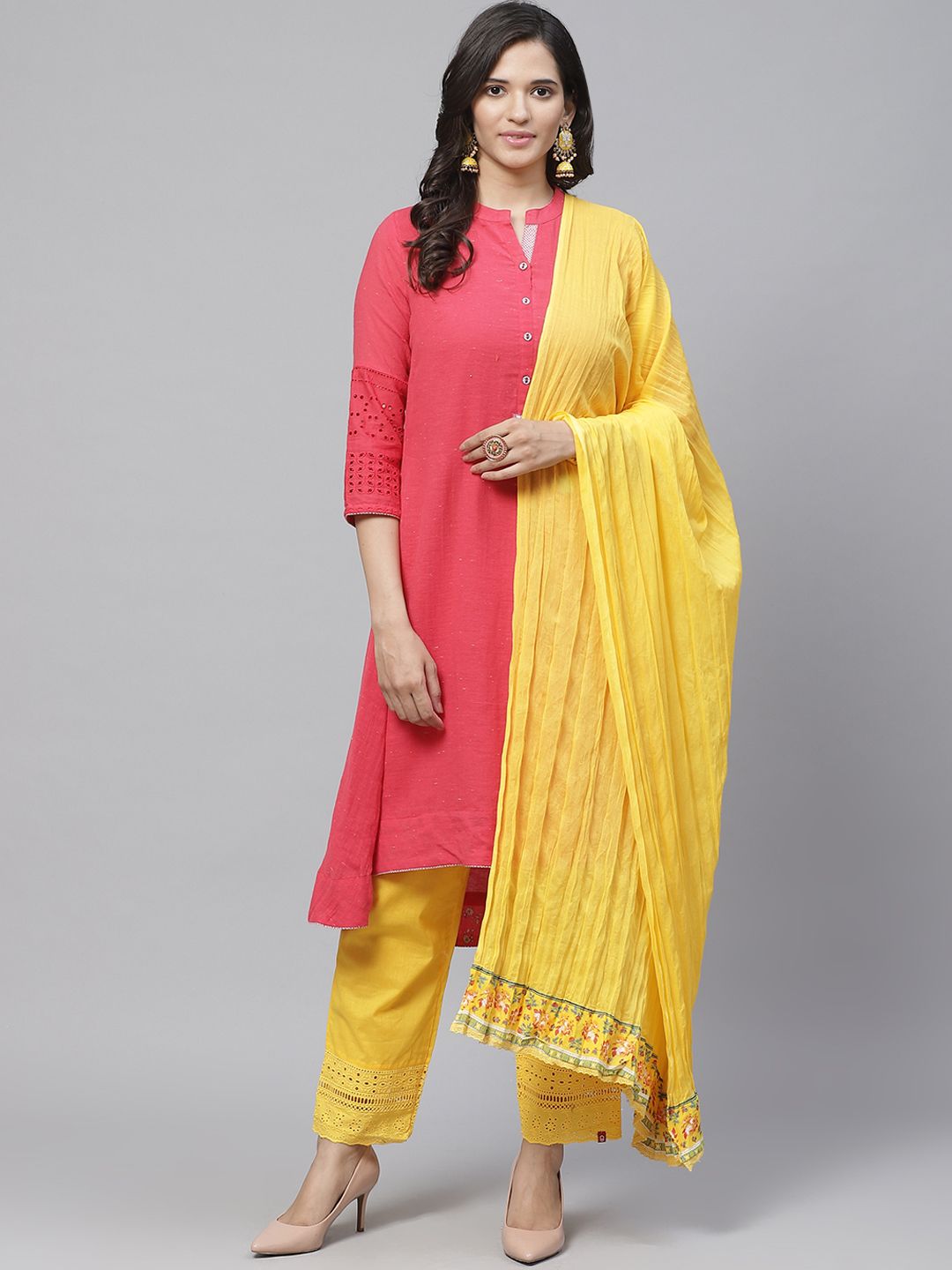 Biba Yellow Solid Crinkled Pure Cotton Dupatta Price in India