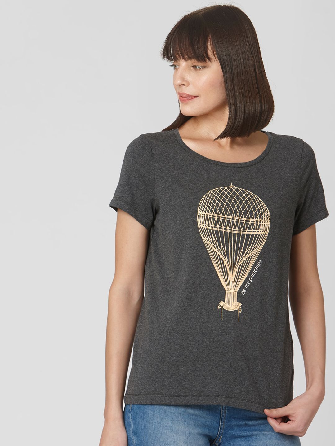 Vero Moda Women Grey Printed Round Neck T-shirt