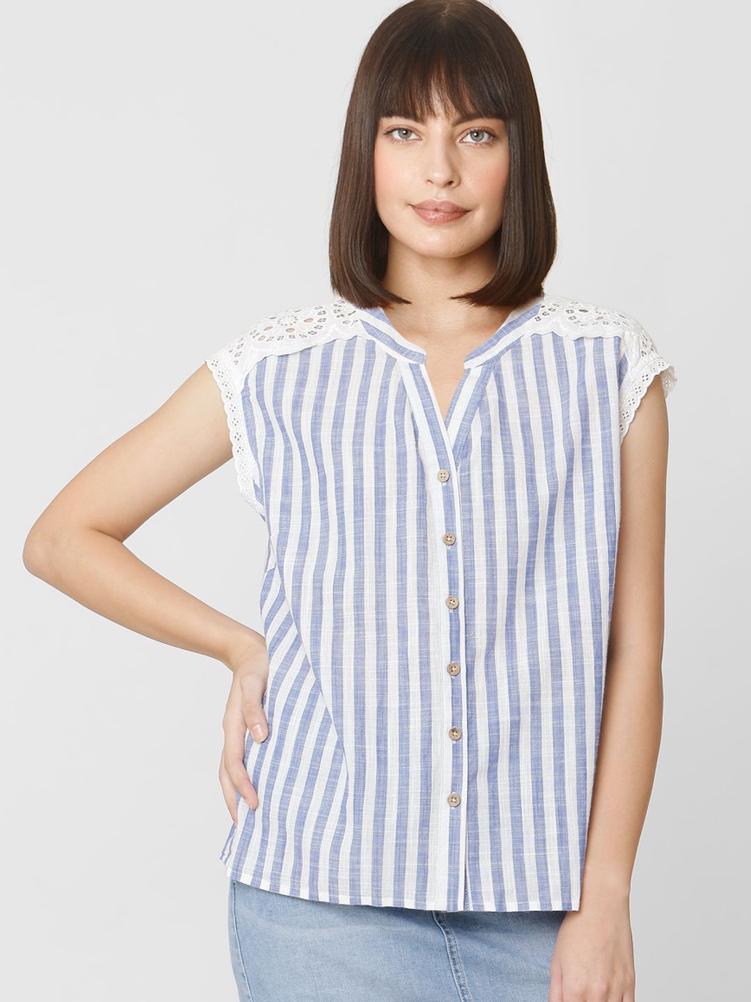 Vero Moda Women Blue & White Regular Fit Striped Lace Detailed Casual Shirt