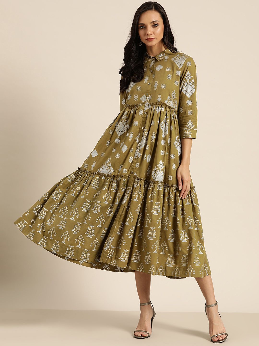 Sangria Women Olive Green & Silver Printed Pure Cotton Tiered Midi Fit and Flare Dress