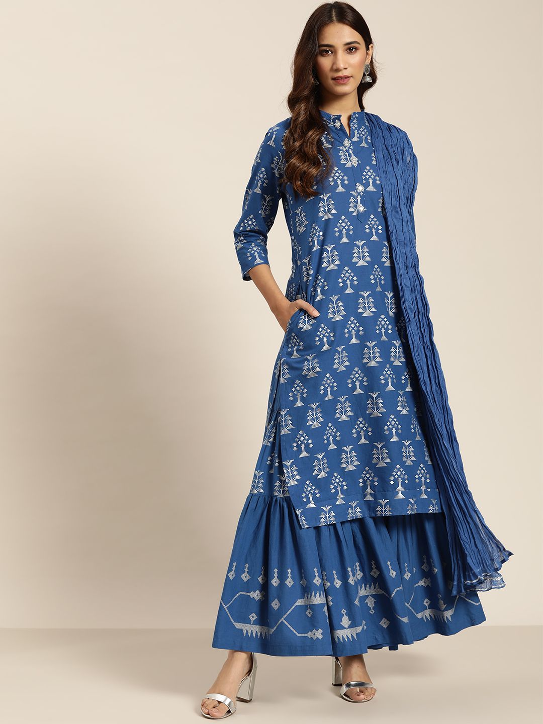 Sangria Women Blue & White Printed Kurta with Sharara & Dupatta Price in India