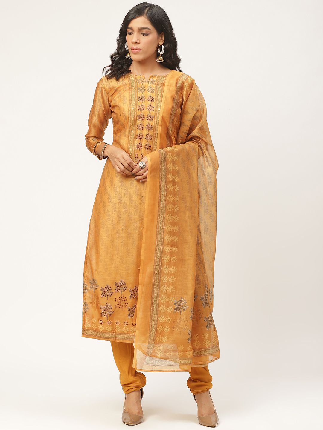 Shaily Mustard Yellow Printed Unstitched Dress Material Price in India
