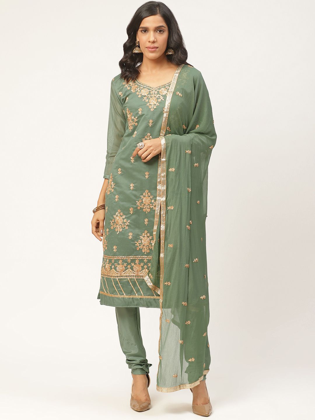 Shaily Green Embroidered Unstitched Dress Material Price in India