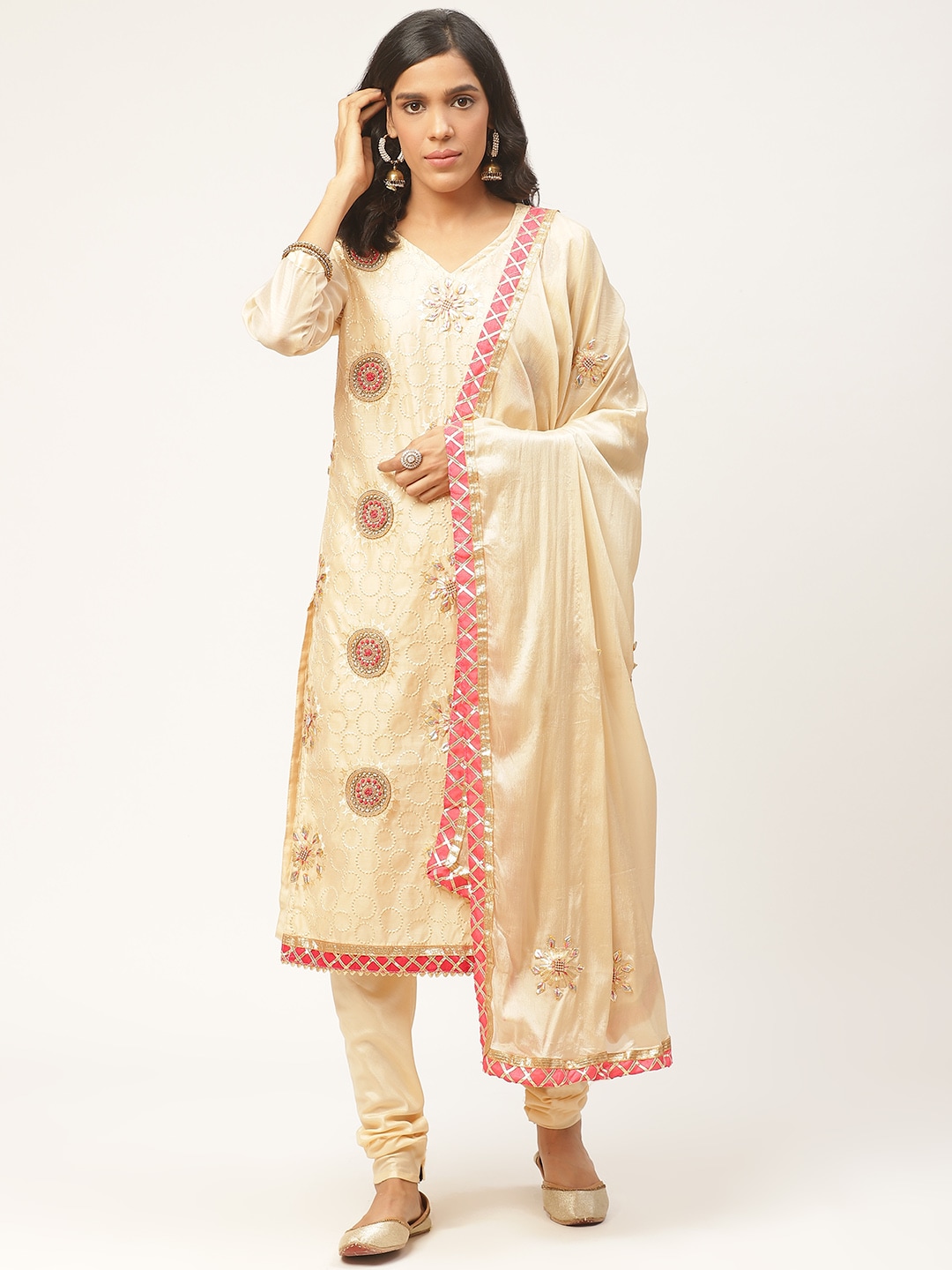 Shaily Beige & Golden Geometric Embroidery Unstitched Dress Material with Gotta Work Price in India