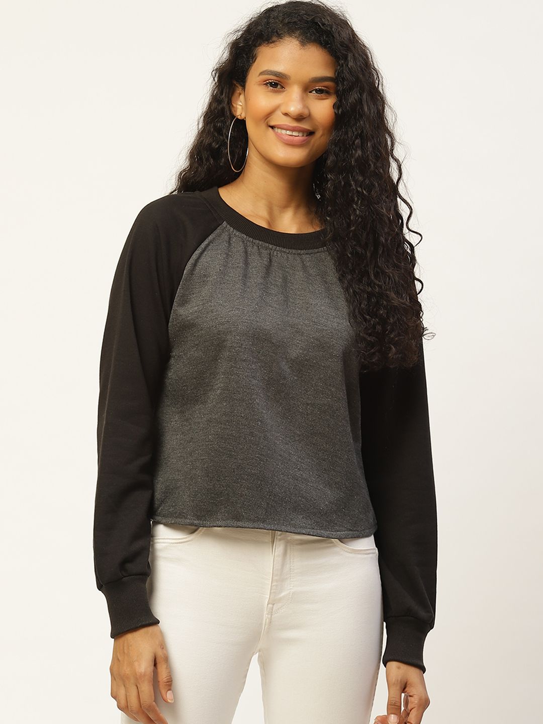 Belle Fille Women Charcoal Grey & Black Solid Sweatshirt Price in India