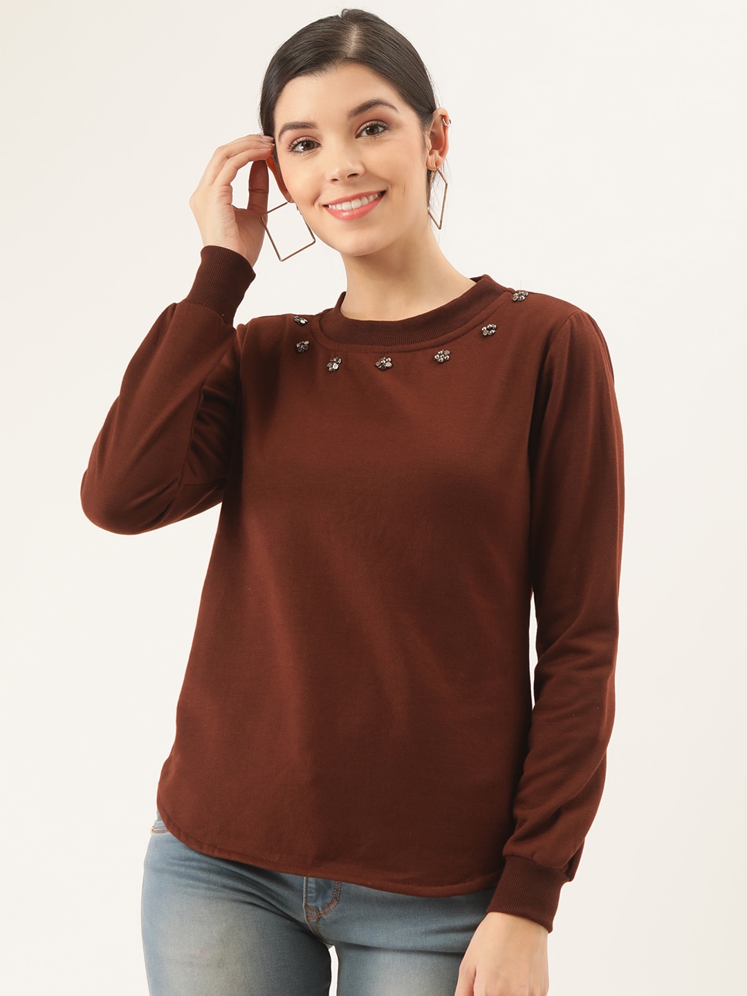 Belle Fille Women Coffee Brown Solid Sweatshirt Price in India