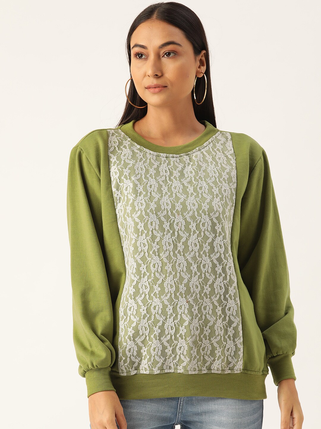 Belle Fille Olive Green and White Sweatshirt with Lace Inserts Price in India