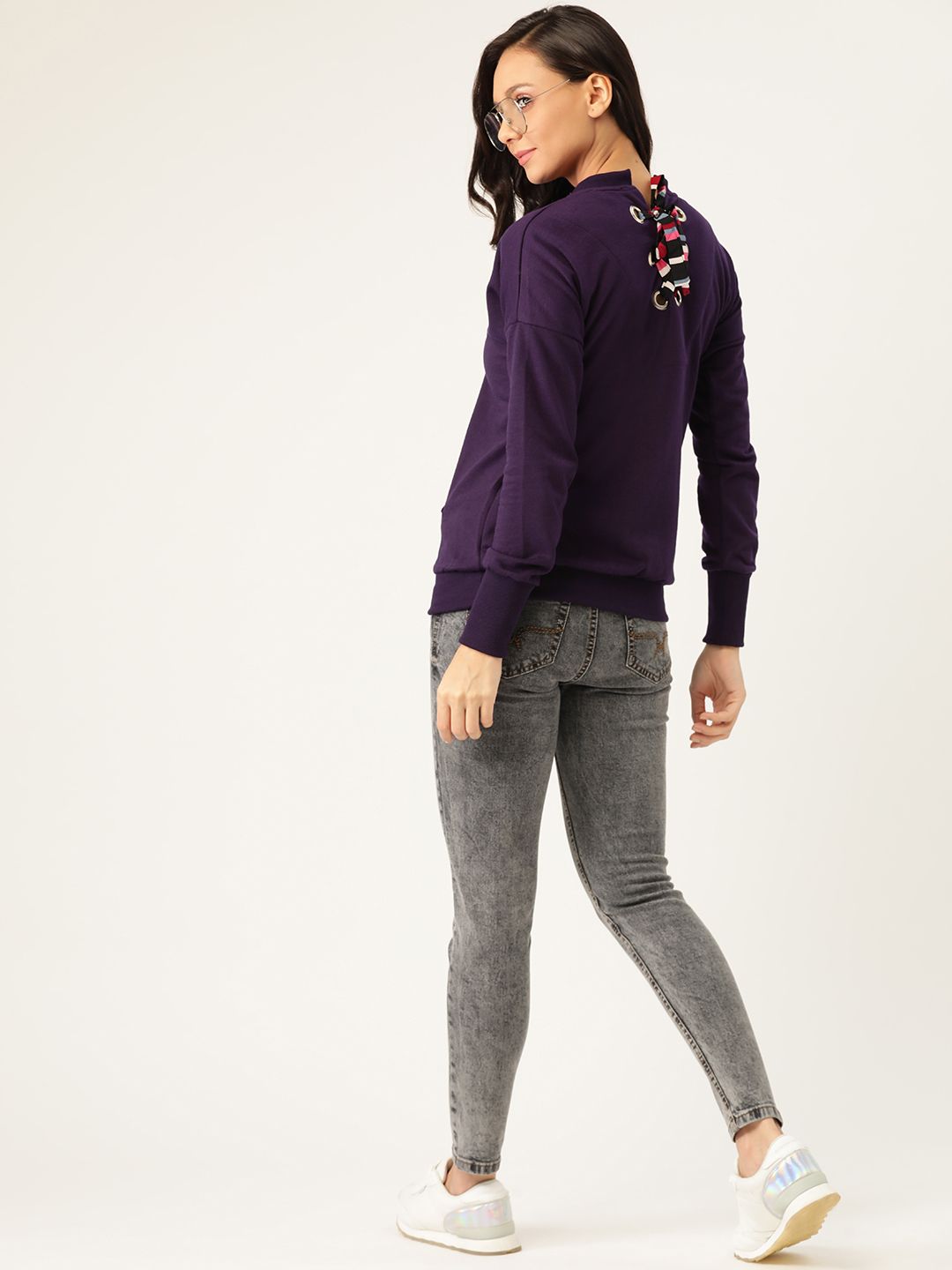 Belle Fille Women Aubergine Lace-Up Solid Sweatshirt Price in India