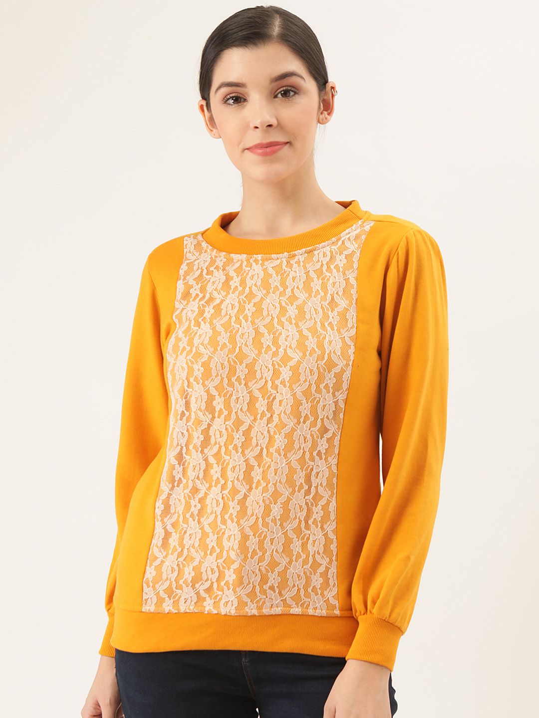 Belle Fille Women Mustard Yellow & White Lace Inserts Sweatshirt Price in India