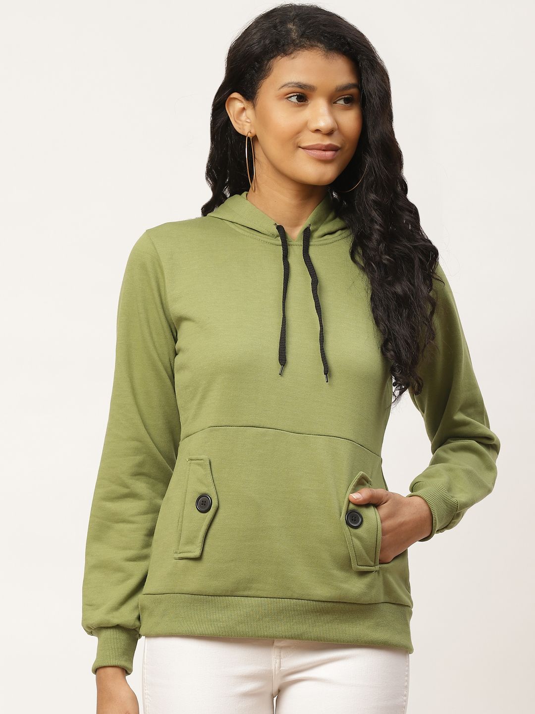 Belle Fille Women Olive Green Embellished Hooded Sweatshirt Price in India
