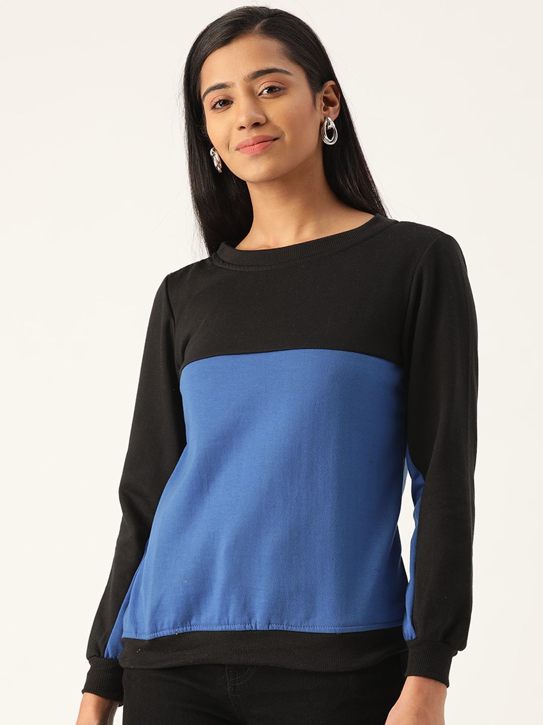 Belle Fille Women Blue & Black Colourblocked Sweatshirt Price in India