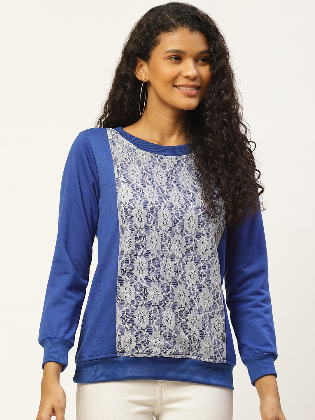 Belle Fille Women Blue & White Lace Panelled Sweatshirt Price in India