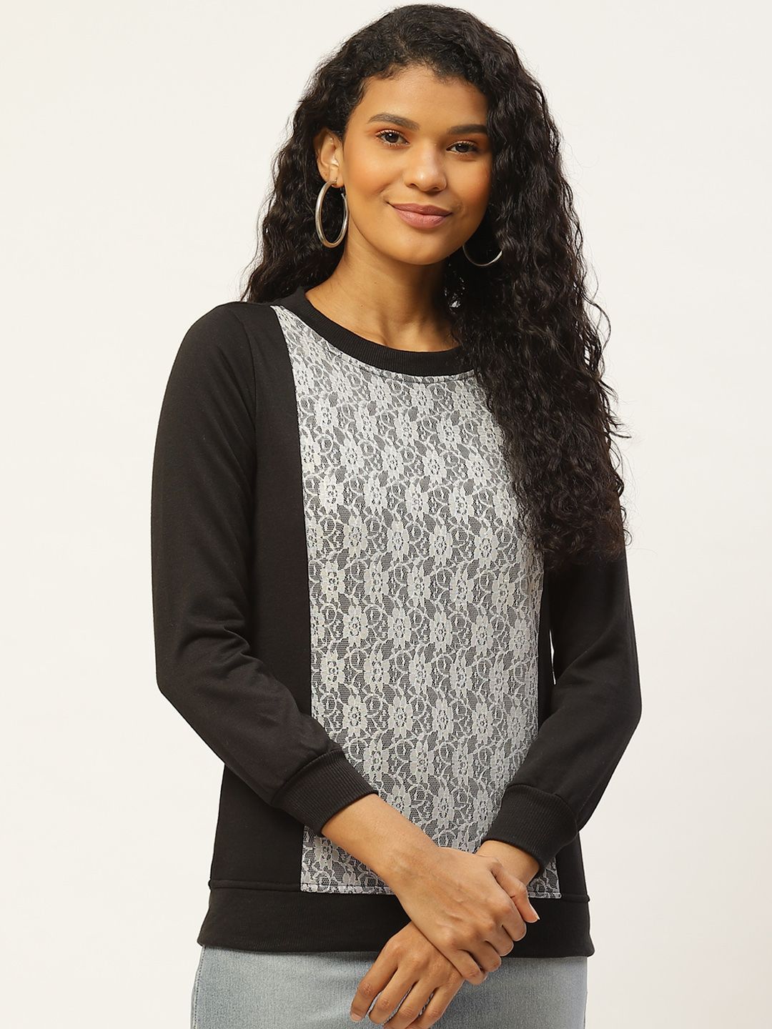 Belle Fille Women Black & White Lace Panelled Sweatshirt Price in India