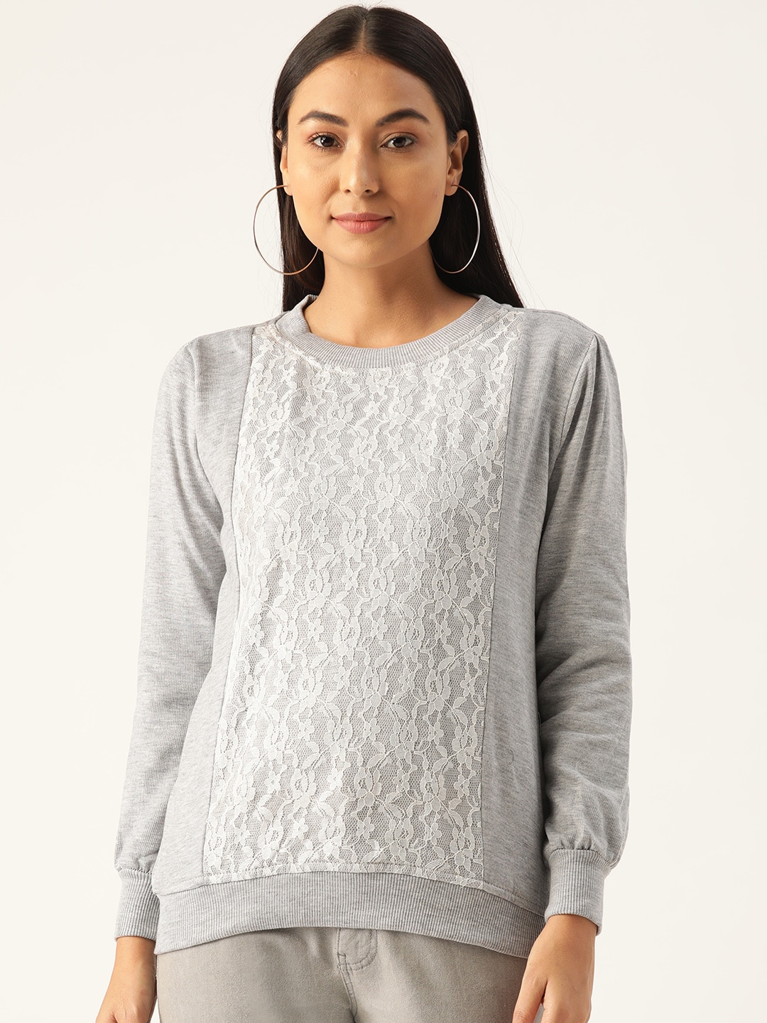 Belle Fille Women Grey Melange Lace Sweatshirt Price in India