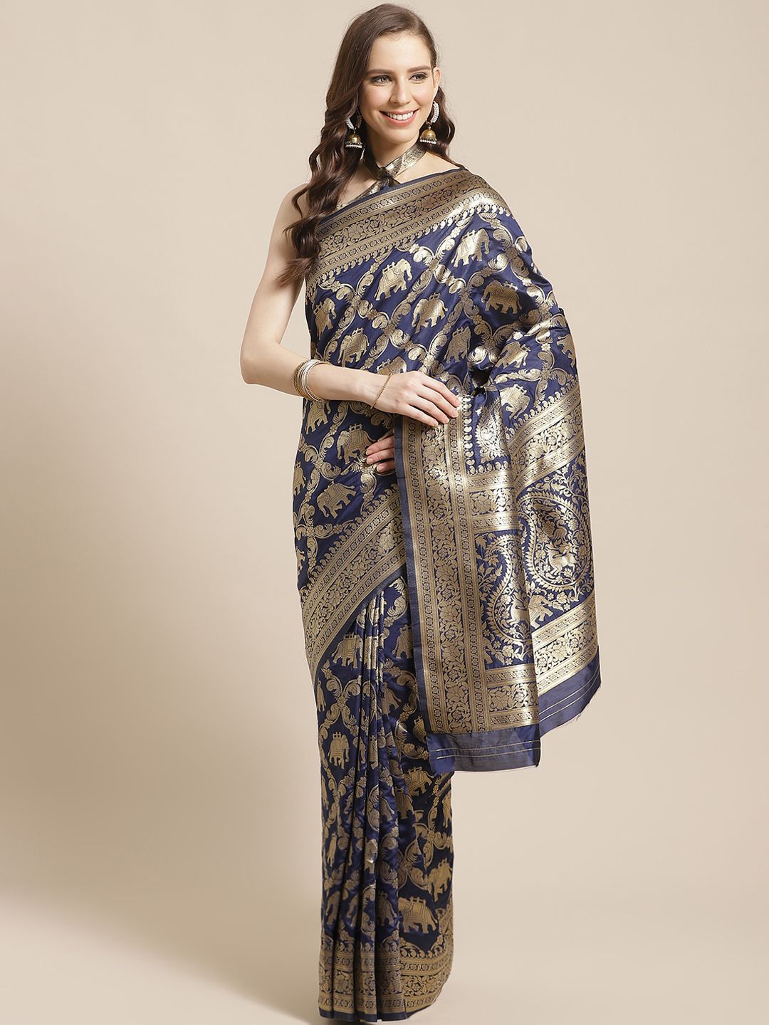 Mitera Navy Blue & Golden Woven Design Kanjeevaram Saree Price in India