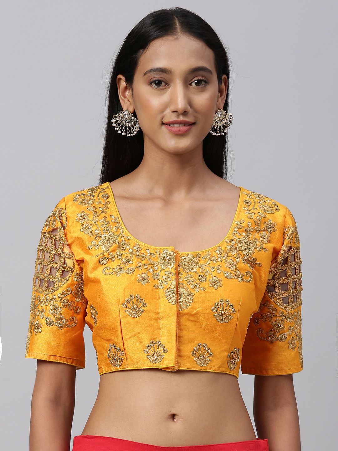 Amrutam Fab Women Mustard Yellow Embroidered Saree Blouse Price in India