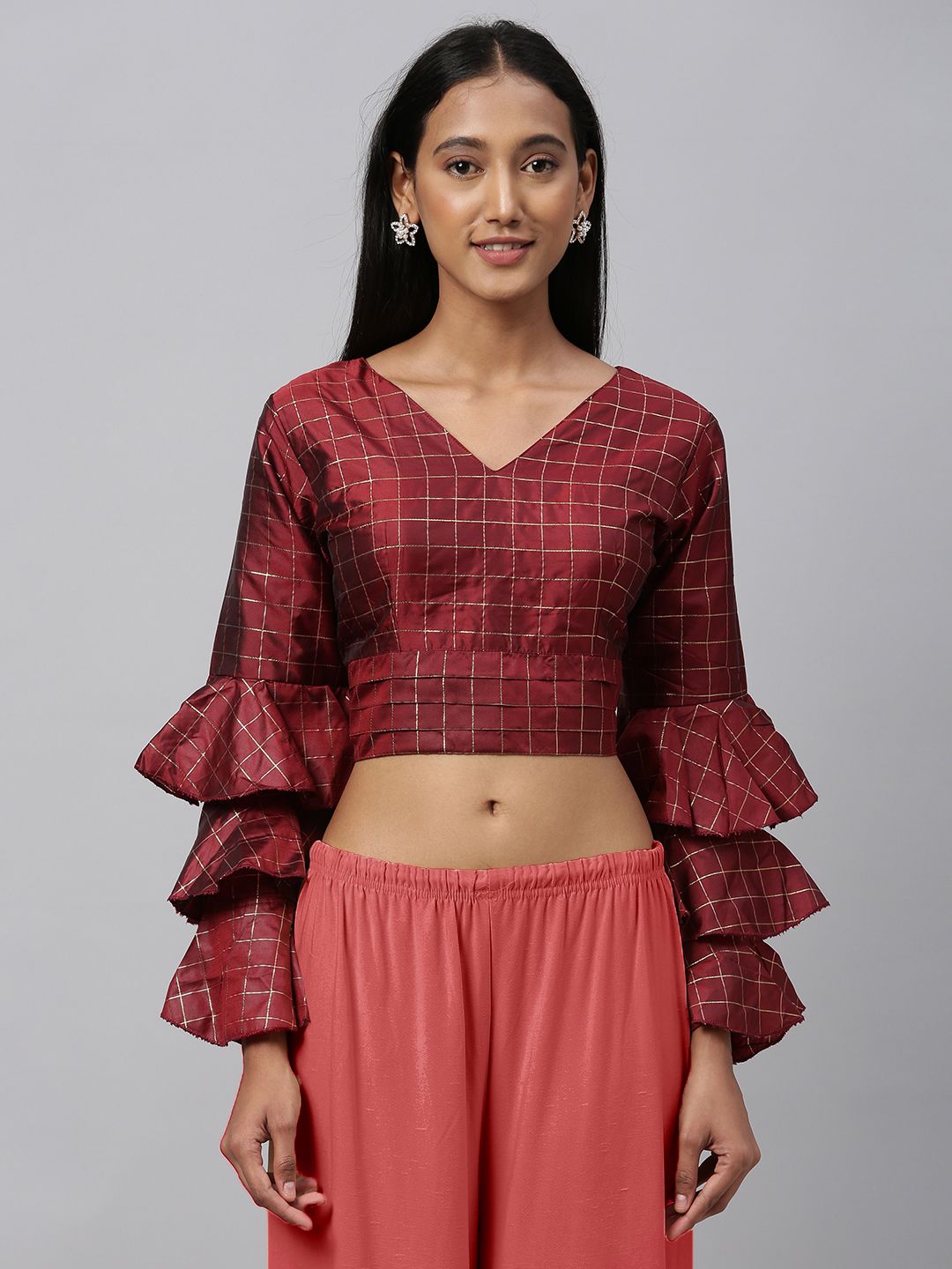 Amrutam Fab Women Maroon & Golden Checked Silk Saree Blouse with Bell Sleeves Price in India