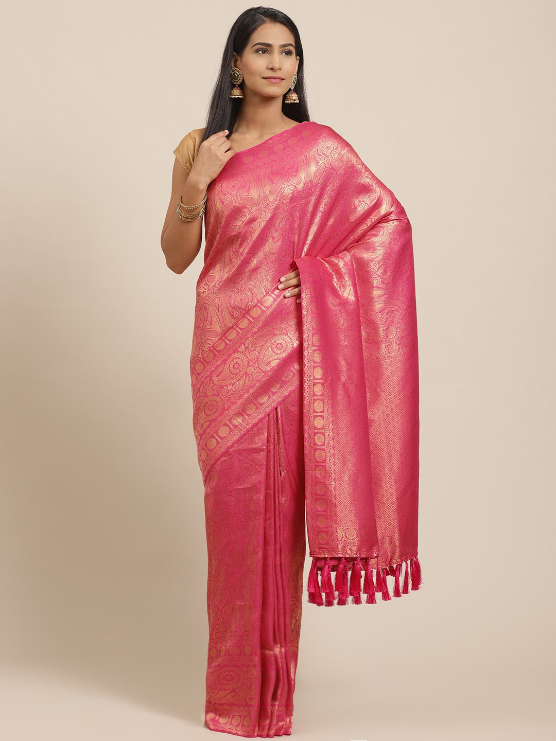 VASTRANAND Pink & Golden Woven Design Banarasi Saree Price in India