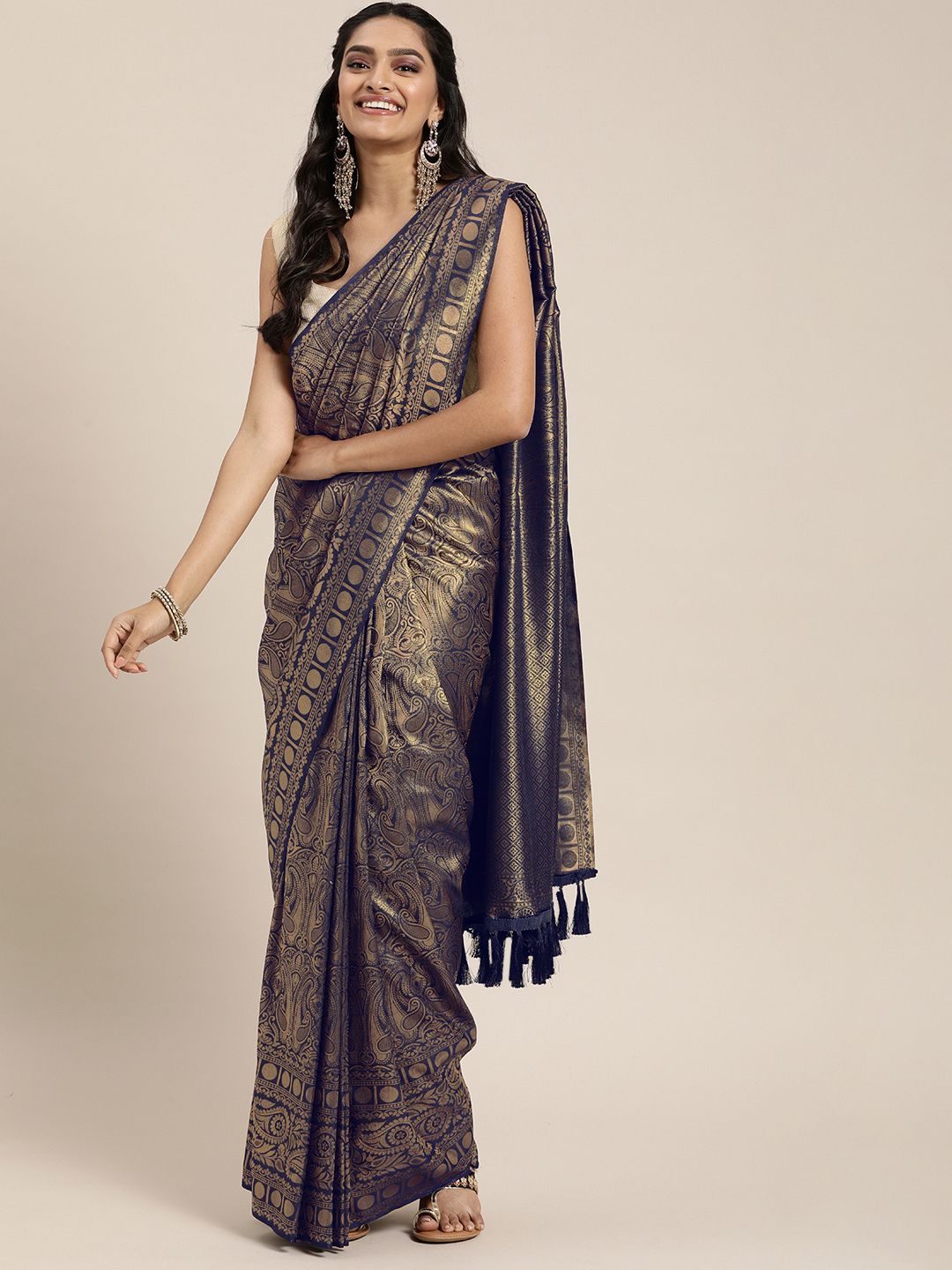 VASTRANAND Navy Blue & Gold-Toned Silk Blend Woven Design Banarasi Saree Price in India