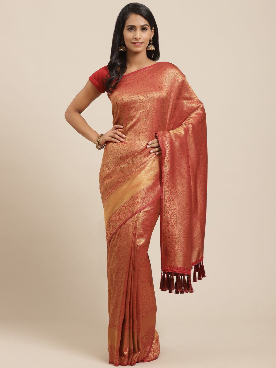 VASTRANAND Maroon & Golden Woven Design Banarasi Saree Price in India