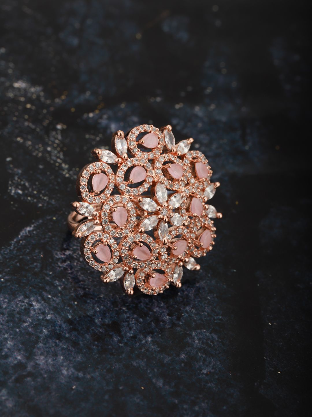 Carlton London Women Pink Rose Gold-Plated CZ-Studded Floral Handcrafted Finger Ring Price in India